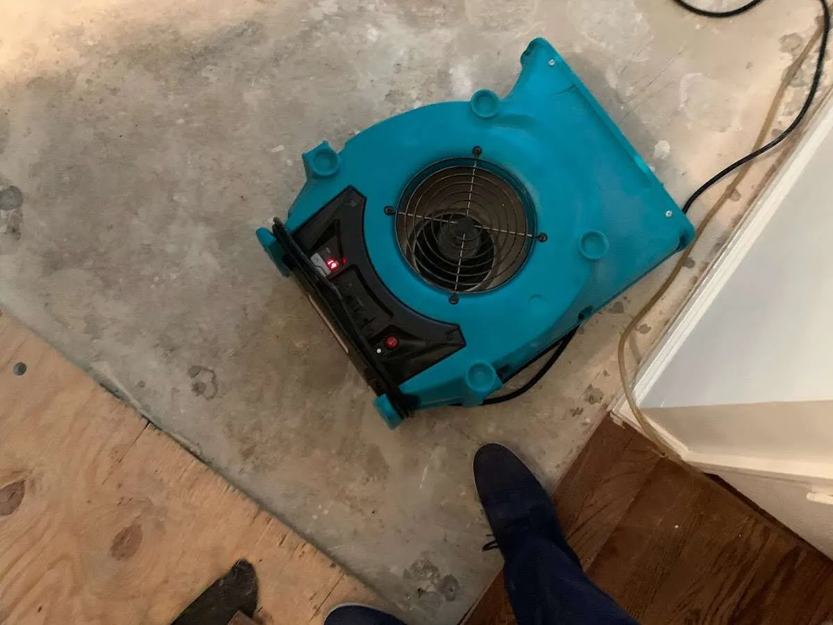 Air mover drying subfloor during Leak Detection & Repair in Waynesboro